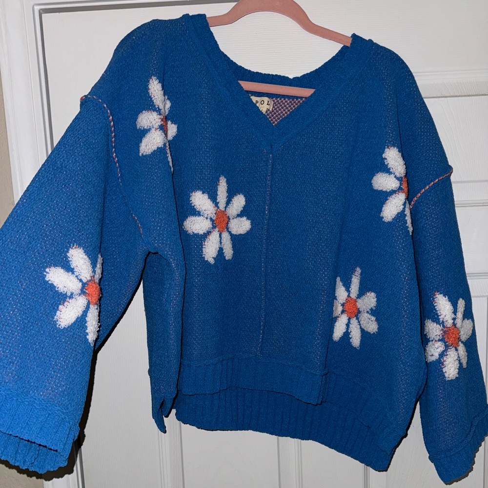 BLUE POL V NECK FLORAL PATTER CHENILLE SWEATER